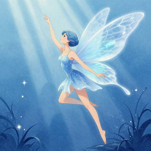Digital anime-style illustration of a blue-haired fairy with translucent wings and a sparkling blue dress, gracefully flying in a blue-lit, ethereal forest.