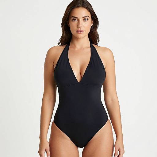 Photograph of a brunette woman with fair skin wearing a black halter-neck one-piece swimsuit, standing against a plain white background.