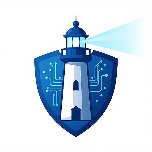 Digital illustration of a blue and white lighthouse on a shield, emitting a blue beam, with circuit-like patterns.
