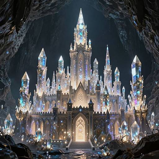 Photorealistic CGI image of a glowing, ice-encrusted, Gothic-style castle with blue and white lights, set in a dark cave entrance