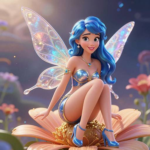 CGI fairy with blue hair, glowing wings, and blue lingerie, sitting on a large flower, surrounded by colorful flowers, wearing blue heels.
