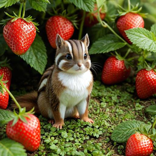 Chipmunk on Strawberry in Vibrant Nature Chipmunk on Strawberry in Vibrant Nature