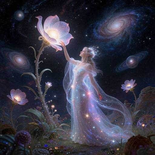 Digital fantasy artwork of a glowing, ethereal woman in a translucent dress, reaching for a luminous flower under a starry, galaxy-filled sky.