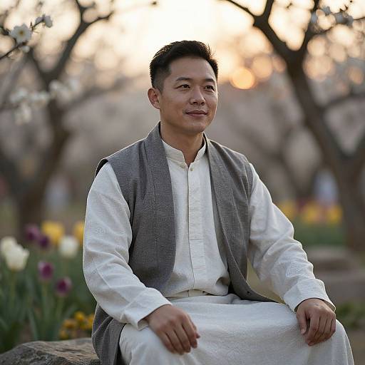 Photograph of an Asian man with short black hair, wearing a white traditional long-sleeve shirt and gray vest, sitting outdoors in a garden with