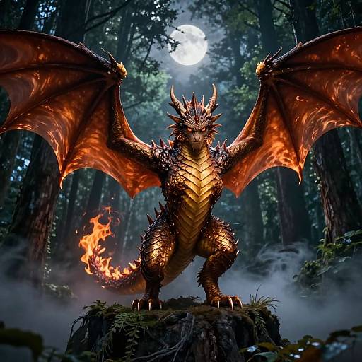 Digital artwork of a fierce, red-scaled dragon with glowing orange wings and tail, standing on a mossy log in a dark, misty forest