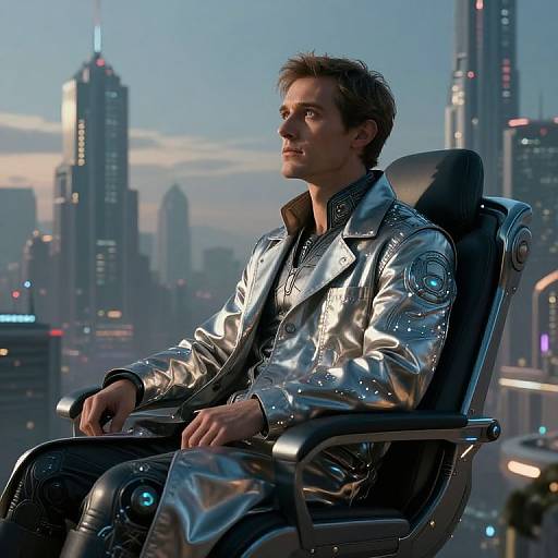Photorealistic CGI of a handsome man with short brown hair in a shiny silver futuristic suit, sitting in a high-tech chair, looking out over a