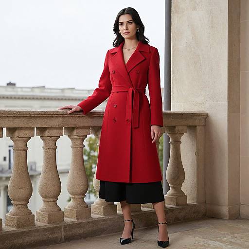 Woman in Red Coat on Balcony