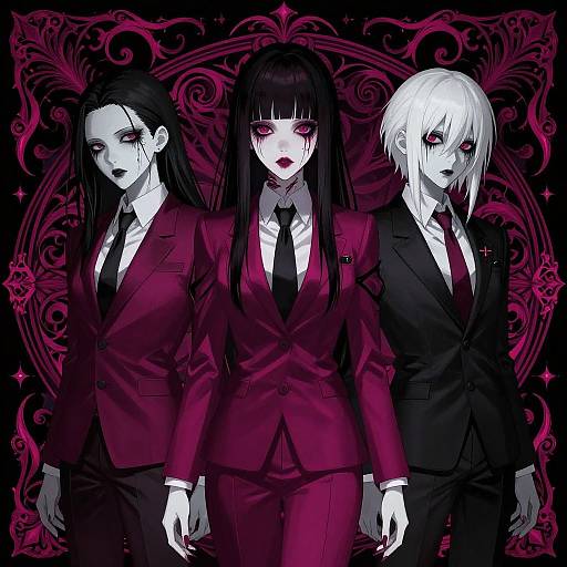 Digital anime-style illustration of three pale-skinned, dark-eyed characters in maroon and black suits, with red eyes and gothic background.