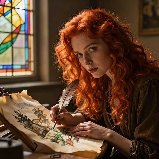 Photograph of a fair-skinned, red-haired woman with curly hair, freckles, and green eyes, delicately drawing with a feather qu