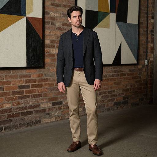 Photograph of a man with dark hair and beard, wearing a black blazer, navy shirt, beige pants, and brown shoes, standing in front
