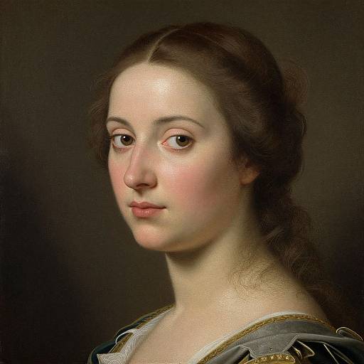 Photorealistic portrait of a young woman with fair skin, brown eyes, and brown hair in a braid, wearing a Renaissance-style gown. Dark