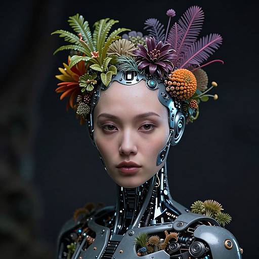 Photorealistic CGI of a futuristic, robotic woman with a metallic head adorned with colorful, exotic flowers and leaves, set against a dark background.