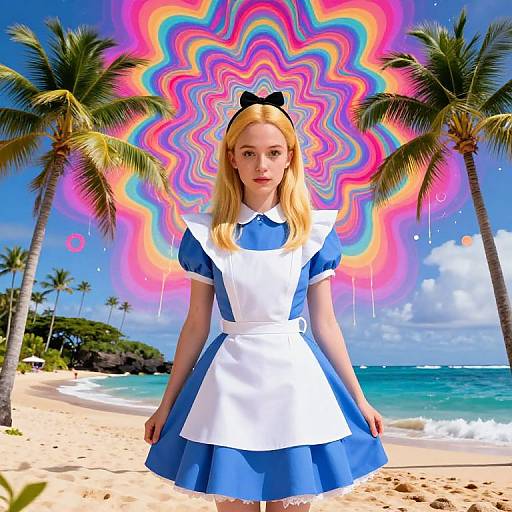 Alice in Wonderland on Hawaiian Beach with Psychedelic Sky