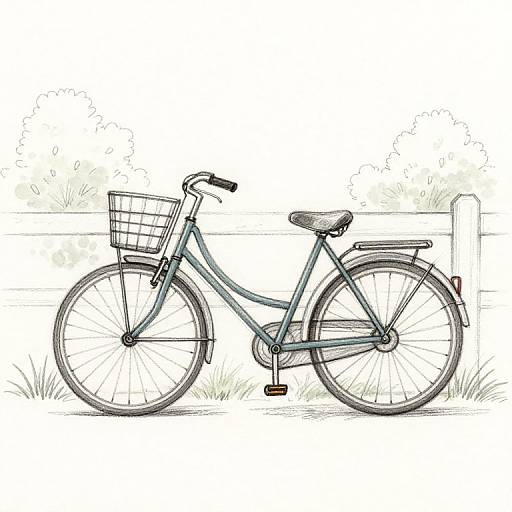 Detailed black-and-white sketch of a classic, vintage-style bicycle with a wire basket on the front, standing on a grassy path.