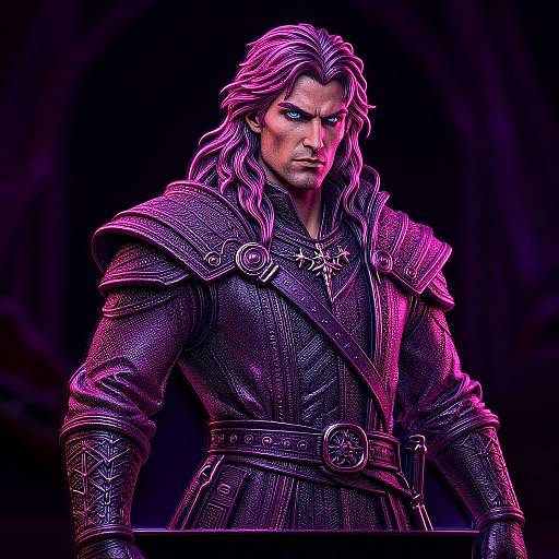 Digital artwork of a fierce, muscular, purple-hued man with long, wavy hair, wearing detailed, dark purple medieval armor with a star emblem