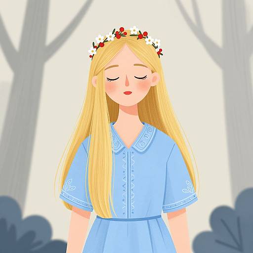 Digital illustration of a serene blonde girl with closed eyes, wearing a blue dress and floral crown, standing in a bright forest.