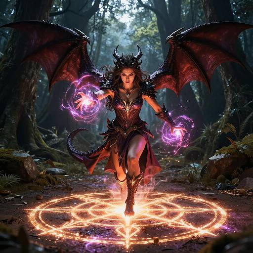 Digital artwork of a dark, winged demoness casting glowing purple magic spells over a fiery, circular rune in a mystical forest.