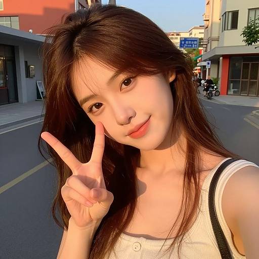 Brown Hair Girl Peace Sign Selfie