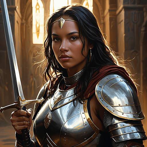 Aboriginal Female Knight in Armor Holding Sword