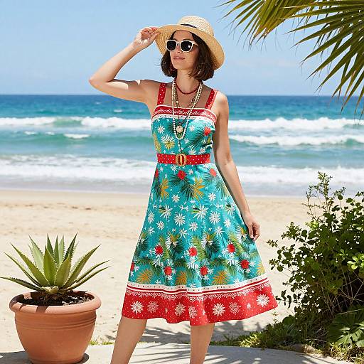 Photograph of a woman in a colorful floral sundress, red trim, and straw hat, wearing sunglasses, standing on a sunny beach with ocean waves
