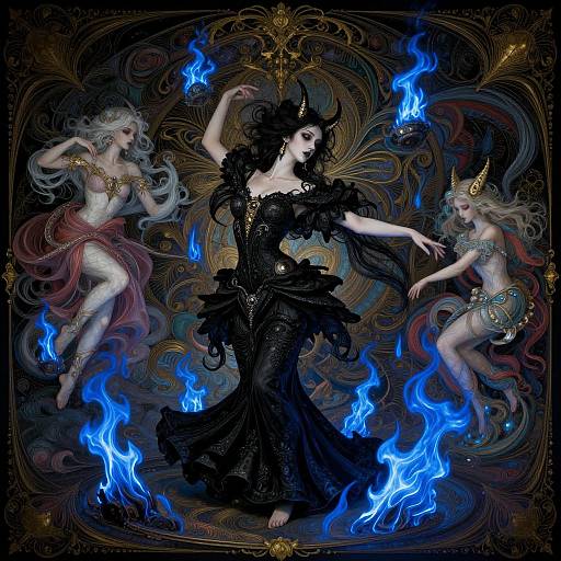 Digital fantasy artwork of three ethereal females with flowing hair, wearing ornate black and gold dresses, surrounded by blue flames, floating against a dark,