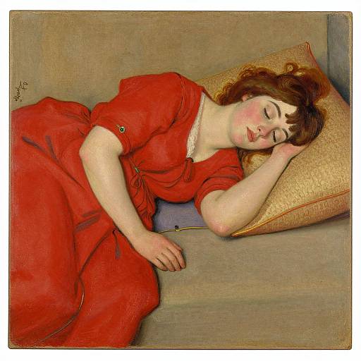 Painting of a fair-skinned woman with brown hair, sleeping on a beige couch with a gold pillow, wearing a red dress.