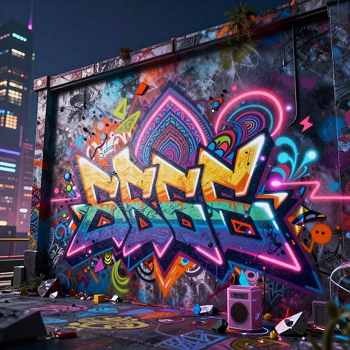 Vibrant neon graffiti on a gritty urban wall at night, featuring bold, colorful letters with swirling patterns and urban decay.