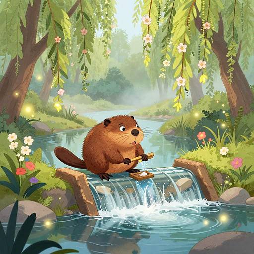 Pixar-Style Clever Beaver Building Dam