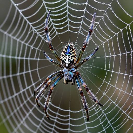 Close-up photograph of a vibrant, black-and-white patterned spider with blue and brown legs, centered on its intricate web.