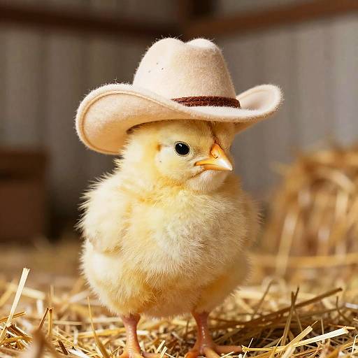 Adorable yellow chick wearing a white cowboy hat stands on straw in a barn, with a blurred, rustic background.
