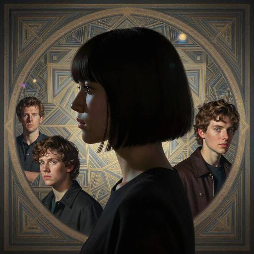 Photograph of four young people with dark hair, in profile, against a geometric, circular-patterned background; three males and one female, all wearing