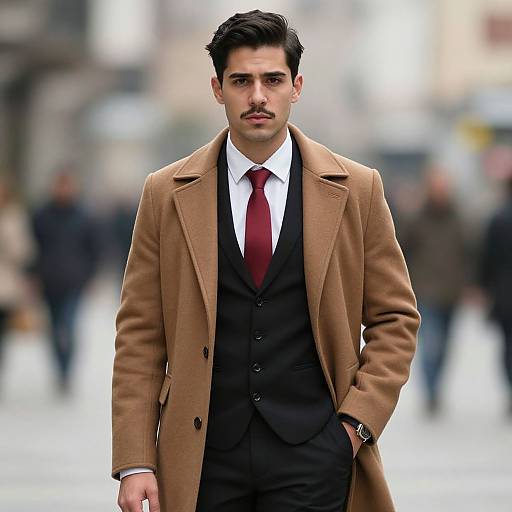 Photograph of a handsome, dark-haired man with a mustache, wearing a tan overcoat, black suit, and maroon tie, walking confidently