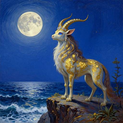 Fantastical digital painting: Golden, horned mythical creature with blue eyes gazes at full moon over a dark, oceanic sea from a rocky