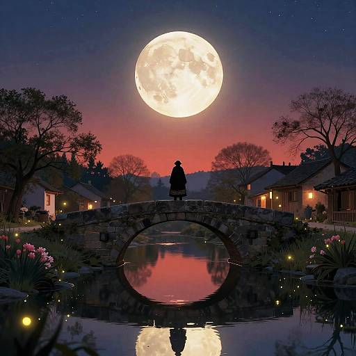 Silhouette of person on stone bridge, reflecting bright full moon, over serene pond, surrounded by illuminated village houses, twilight sky. Digital art.
