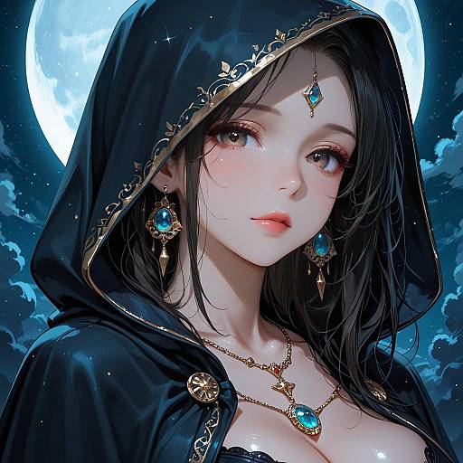 Fantasy Portrait of Woman in Hooded Cloak under Full Moon