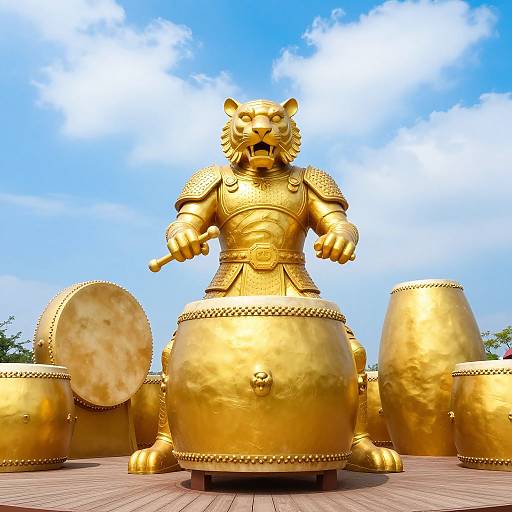 Photograph of a massive, golden, lion warrior statue with detailed armor and large drums, standing on a wooden platform under a bright blue sky with scattered