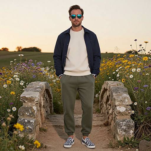 Stylish Man at Sunset Stone Bridge