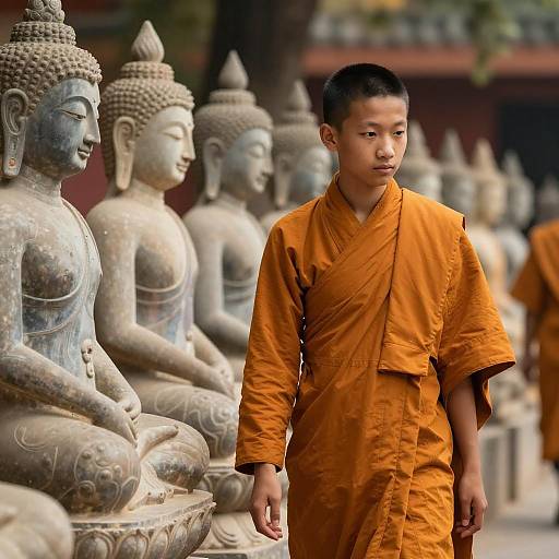 Buddhist Monk Amidst Stone Statues