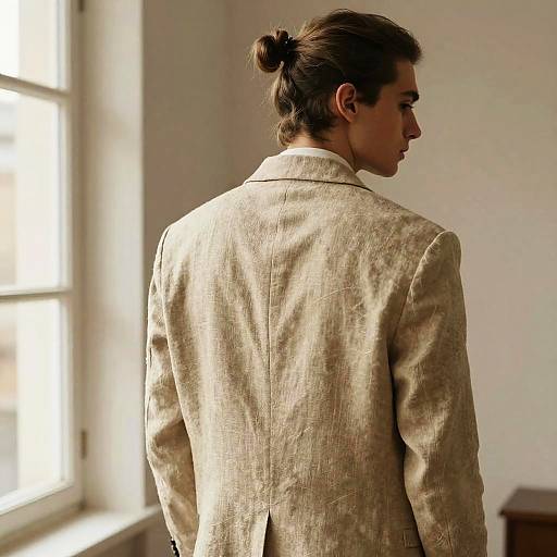 Male Model with Half Bun Hairstyle Wearing Oversized Linen Blazer
