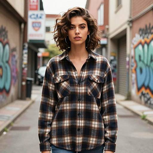 Female Model with Mullet Hairstyle in Plaid Shirt