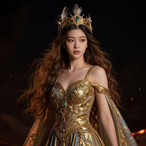 Photograph of an East Asian woman with long brown hair, wearing an ornate gold and blue gown, and a jeweled crown, standing against a