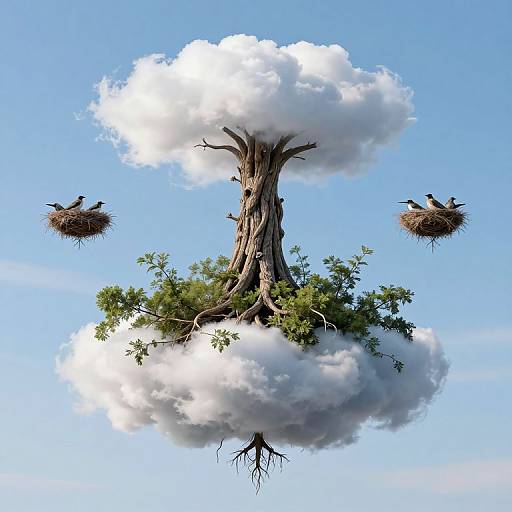 Digital artwork of a tree with roots and green foliage emerging from a white cloud, surrounded by three bird nests with birds. Blue sky background. Fantasy,
