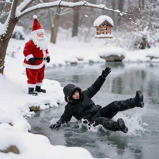 Santa Watches Figure Fall Through Ice