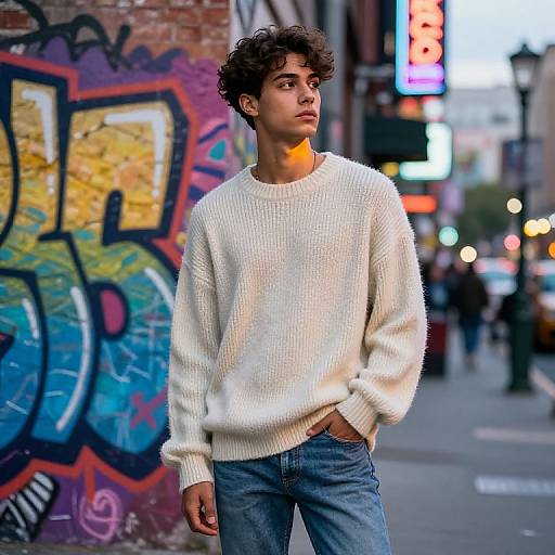 Photograph of a young man with curly brown hair, wearing a white knit sweater and blue jeans, standing on a graffiti-covered urban street at dusk,