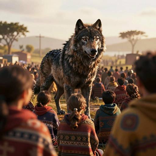 Obsidian Wolf Among Blanket-Clad Crowd