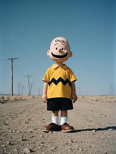 Person in Charlie Brown Costume Standing on Dirt Road