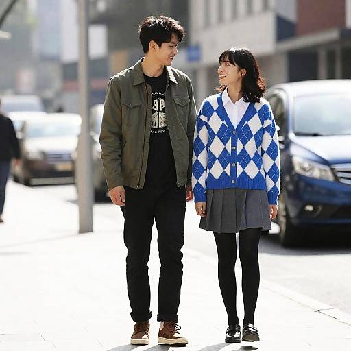 Young Couple Walking and Smiling on City Street