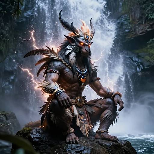Digital fantasy art: Muscular, horned, furry creature with glowing eyes, tribal jewelry, and feathers, sitting on rock in front of a bright