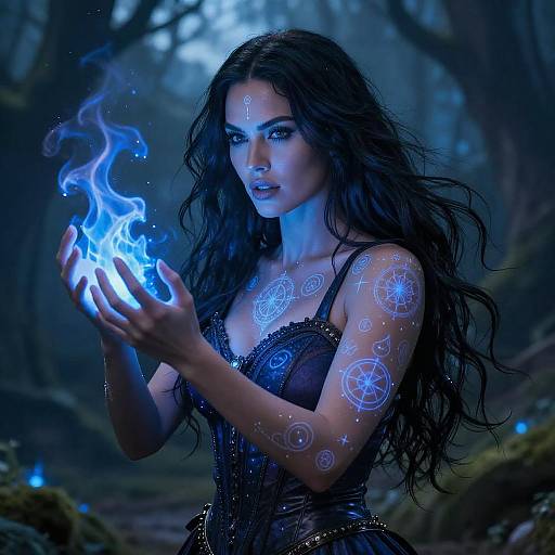 Digital artwork of a mystical woman with long, wavy black hair, glowing blue tattoos, and holding ethereal blue fire in a dark, enchanted forest