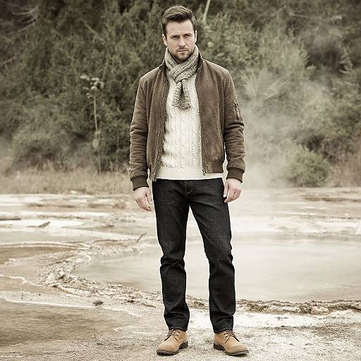 Photograph of a bearded man in a brown leather jacket, white sweater, scarf, dark jeans, and tan boots standing by a frozen river in